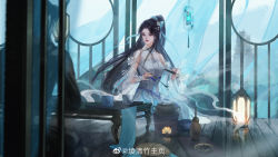 Rule 34 | 1girl, absurdres, burner, closed mouth, cup, dress, folding fan, hand fan, highres, holding, holding ladle, holding lid, indoors, ladle, lantern, ling qingzhu (wu dong qian kun), long hair, looking to the side, paper wall, plate, ponytail, second-party source, sitting, smoke, solo, table, tray, white dress, wooden floor, wu dong qian kun, zacao tong