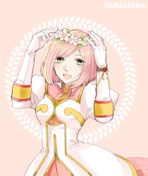 Rule 34 | 1girl, blush, breasts, dress, estellise sidos heurassein, flower, gloves, green eyes, highres, open mouth, pink background, pink hair, short hair, tales of (series), tales of vesperia