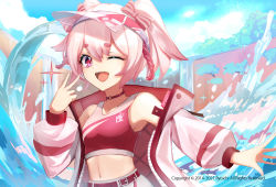 Rule 34 | 1girl, bow, choker, crop top, hair bow, hat, highres, indie virtual youtuber, looking at viewer, midriff, navel, ocean, one eye closed, pink eyes, pink hair, pink shirt, ryuhyo rione, seitokai satoo-sgr, shirt, solo, sparkle, v, virtual youtuber, water, waves