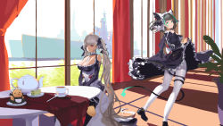 Rule 34 | 2girls, :3, absurdly long hair, absurdres, alternate costume, animal ears, aqua eyes, aqua hair, azur lane, bare shoulders, between breasts, black dress, breasts, cake, cake slice, cat ears, cheshire (azur lane), cleavage, clothes lift, clothing cutout, curtains, day, dress, dress lift, enmaided, fake animal ears, food, forico, formidable (azur lane), frilled dress, frills, from behind, full body, highres, indoors, large breasts, long hair, long ribbon, looking at viewer, looking back, maid, maid headdress, manjuu (azur lane), multiple girls, pantyhose, plant, platinum blonde hair, potted plant, purple dress, red curtains, red eyes, round table, shadow, shoulder cutout, sitting, skirt hold, table, tea set, twintails, two-tone dress, two-tone ribbon, very long hair, white legwear, window