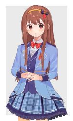 Rule 34 | 1girl, :o, blue jacket, blush, bow, bowtie, commentary request, highres, idol, idolmaster, idolmaster million live!, interlocked fingers, jacket, looking at viewer, own hands together, petticoat, plaid, plaid skirt, red bow, red bowtie, red eyes, red hair, shishiodoshi, simple background, skirt, solo, tanaka kotoha, two-tone background