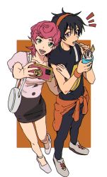 Rule 34 | 1boy, 1girl, :d, bag, black hair, caro bambino, cellphone, clothes around waist, fanny pack, food, from above, green eyes, headband, highres, holding, holding food, holding phone, holding spoon, ice cream, jacket, jacket around waist, jojo no kimyou na bouken, lipstick, locked arms, long hair, makeup, nail polish, narancia ghirga, notice lines, open mouth, outstretched arm, phone, pink hair, puffy short sleeves, puffy sleeves, purple eyes, selfie, shoes, short hair, short sleeves, shoulder bag, skirt, smile, sneakers, spoon, standing, standing on one leg, strappy heels, sweatband, trish una, utensil in mouth, vento aureo, wafer, wristband