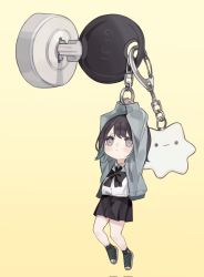 Rule 34 | 1girl, arms up, black bow, black bowtie, black footwear, black hair, black skirt, boukou-chan (tokiwata soul), bow, bowtie, charm (object), chibi, collared shirt, dangling, dot mouth, full body, green hair, green jacket, grey eyes, highres, jacket, key, charm (object), long sleeves, mini person, minigirl, miniskirt, multicolored hair, original, pleated skirt, shirt, shoes, short hair, simple background, skirt, sleeves past wrists, solo, toeless footwear, tokiwata soul, two-tone hair, white shirt, yellow background, yellow eyes