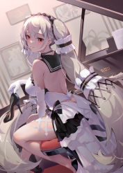 Rule 34 | 1girl, artist name, asc11, azur lane, bare legs, black footwear, blush, breasts, chinese commentary, commentary request, dress, elbow gloves, formidable (azur lane), formidable (timeless classics) (azur lane), from behind, gloves, hair ornament, hairband, high heels, highres, holding, holding shoes, indoors, instrument, large breasts, long hair, looking at viewer, looking back, official alternate costume, piano, red eyes, shoes, unworn shoes, sitting, solo, twintails, very long hair, white dress, white gloves, white hair