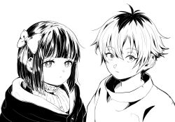 Rule 34 | 1boy, 1girl, aged down, blunt bangs, bow, coat, commentary request, dress, expressionless, fern (sousou no frieren), hair bow, high collar, highres, looking at viewer, monochrome, shiharu1115, short hair, simple background, sousou no frieren, stark (sousou no frieren), upper body, white background