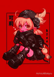 Rule 34 | 1girl, child, genshin impact, happy, klee (genshin impact), armored boots, red background, sakyru, smile, sparkle, techwear