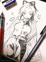 Rule 34 | 1girl, art tools in frame, belt, belt buckle, breasts, buckle, bug, butterfly, butterfly hair ornament, closed mouth, forehead, greyscale, hair ornament, highres, insect, jacket, katana, kimetsu no yaiba, kochou shinobu, looking at viewer, medium breasts, monochrome, open clothes, pants, parted bangs, photo (medium), sheath, sheathed, sidelocks, smile, sofra, solo, sword, traditional media, twitter username, weapon