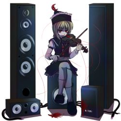 Rule 34 | 1girl, blonde hair, blood, bow (music), cable, female focus, hat, instrument, lunasa prismriver, red eyes, short hair, skirt, socks, solo, speaker, string, tongue, tori rui, touhou, violin, white background
