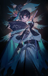 Rule 34 | 1boy, aqua cloak, ayn alwyn, black background, black cloak, black gloves, black hair, black hat, black sash, blue robe, cloak, closed mouth, cowboy shot, crossed bangs, earrings, feathered wings, flute, gloves, hair between eyes, hat, hat feather, highres, holding, holding flute, holding instrument, instrument, jewelry, kazenemuri, long sleeves, looking at viewer, lovebrush chronicles, male focus, multiple wings, pink eyes, ring, robe, sash, short hair, smile, solo, standing, tassel, two-sided cloak, two-sided fabric, two-sided headwear, wings, witch hat