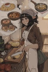 Rule 34 | 1girl, absurdres, anajudraws, apron, artist name, black hair, black pantyhose, blush, bottle, brown eyes, brown shirt, closed mouth, cooking, cooking oil, food, garlic, highres, holding, holding knife, indoors, knife, looking down, medium hair, oil, original, pantyhose, pointy ears, potato, shirt, skirt, sleeves rolled up, smile, soup, spoon, standing, star (sky), table, thick eyebrows, thought bubble, tomato
