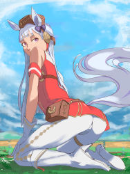 Rule 34 | 1girl, absurdres, animal ears, ass, bare shoulders, boots, from behind, gloves, gold ship (umamusume), hat, highres, horse ears, horse tail, kneeling, kovalev, long hair, looking at viewer, looking back, pants, purple eyes, solo, tail, umamusume, very long hair, white hair