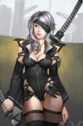 Rule 34 | 1girl, black hairband, black thighhighs, blindfold, breasts, buckle, cityscape, cleavage, collarbone, cowboy shot, crane (machine), crystal, detached sleeves, earrings, feathers, fingernails, hair over one eye, hairband, highres, holding, holding sword, holding weapon, jewelry, joo, leotard, long hair, long sleeves, nier:automata, nier (series), one eye covered, outdoors, pink lips, scabbard, sheath, sheathed, signature, solo, standing, strap, sword, thighhighs, weapon, weapon on back, white hair, 2b (nier:automata)