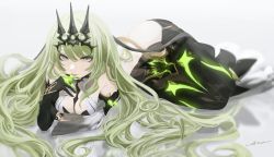 Rule 34 | 1girl, bare shoulders, black dress, black gloves, breasts, cheng (zi74438982), claw ring, cleavage, closed mouth, crown, dress, full body, gloves, green eyes, grey hair, honkai (series), honkai impact 3rd, looking at viewer, lying, mobius (honkai impact), on side, ponytail, see-through, see-through sleeves, single sleeve, solo, tongue, tongue out, wavy hair, white background