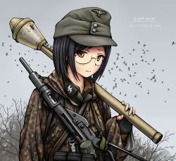 Rule 34 | 1girl, absurdres, black hair, brown eyes, camouflage, collared jacket, commentary, explosive, field cap, german commentary, germany, glasses, grenade, grey hat, gun, hand grenade, hat, high-explosive anti-tank (warhead), highres, jacket, looking at viewer, man-portable anti-tank systems, military, military hat, military jacket, nazi, original, outdoors, panzerfaust, reichsadler, rocket launcher, shaped charge, short hair, soldier, solo, ss insignia, sten gun, stick grenade, stielhandgranate, submachine gun, watermark, weapon, weapon request, web address, world war ii, zap-nik