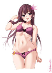 Rule 34 | 1girl, :d, bare shoulders, blush, bra, breasts, collarbone, cowboy shot, cropped legs, ebifurya, gluteal fold, hair between eyes, hair ornament, highres, kantai collection, kisaragi (kancolle), long hair, looking at viewer, navel, open mouth, panties, purple bra, purple eyes, purple hair, purple panties, simple background, small breasts, smile, solo, thigh gap, thighs, twitter username, underwear, white background