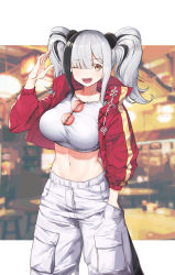 Rule 34 | 1girl, ;d, absurdres, arknights, black hair, breasts, commentary request, cowboy shot, crop top, cropped jacket, eyewear hang, unworn eyewear, fang, feater (arknights), feater (gourmet) (arknights), hair over one eye, hand in pocket, highres, jacket, large breasts, long hair, long sleeves, looking at viewer, midriff, multicolored hair, navel, official alternate costume, one eye closed, open clothes, open jacket, open mouth, pants, red jacket, round eyewear, shirt, silver hair, smile, solo, standing, stomach, streaked hair, sunglasses, twintails, vchan, white pants, white shirt, yellow eyes