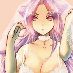 Rule 34 | 10s, 1girl, bra, breasts, bridal veil, choker, cleavage, elbow gloves, gloves, jewelry, jun&#039;you (kancolle), kantai collection, large breasts, long hair, looking at viewer, lowres, necklace, purple eyes, purple hair, r (shioaji), solo, spiked hair, underwear, veil, white bra