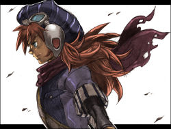 Rule 34 | 1boy, cape, from side, game arts, goggles, grandia, grandia i, graphite (medium), justin (grandia), layered sleeves, letterboxed, long hair, male focus, ponytail, profile, red hair, solo, torn clothes, traditional media, white background, wind, yohane shimizu