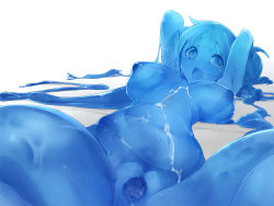 Rule 34 | 1girl, aka ume, arms up, blue eyes, blue hair, blue skin, blue theme, breasts, colored skin, cum, cum in pussy, cum on body, cum on lower body, cum on stomach, cum on upper body, large breasts, long hair, lying, matching hair/eyes, monochrome, monster girl, navel, nipples, on back, open mouth, original, plump, pussy, saliva, slime girl, solo, spread legs, spread pussy, tears, thighs, uncensored