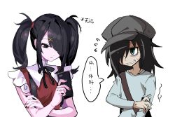 Rule 34 | 2girls, ame-chan (needy girl overdose), bags under eyes, black eyes, black hair, black ribbon, chinese commentary, chinese text, closed mouth, collar, collared shirt, crossover, green eyes, hair ornament, hair over one eye, hair tie, hairclip, hand on own arm, hat, highres, holding own arm, kuroki tomoko, long hair, long sleeves, looking at another, looking at phone, multiple girls, neck ribbon, needy girl overdose, phone, red shirt, ribbon, shirt, simple background, sweatdrop, ta-hi41, translation request, twintails, upper body, watashi ga motenai no wa dou kangaetemo omaera ga warui!, white background, white collar, x hair ornament