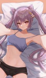 Rule 34 | 1girl, bed, black shorts, camisole, closed mouth, cone hair bun, earrings, genshin impact, hair between eyes, hair bun, hair ears, hair ornament, highres, jewelry, keqing (genshin impact), long hair, looking at viewer, lying, moth1, navel, on back, outstretched arms, pov, purple hair, red eyes, shorts, sidelocks, smile, solo, twintails, underwear