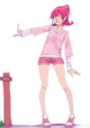 Rule 34 | 1girl, :d, aida mana, akinbo (hyouka fuyou), bow, dokidoki! precure, full body, hair ornament, high ponytail, highres, index finger raised, leaning to the side, long sleeves, looking at viewer, open mouth, outstretched arm, pink bow, pink eyes, pink hair, pink shirt, pink shorts, precure, shirt, shoes, short hair, short ponytail, short shorts, shorts, simple background, smile, sneakers, solo, standing, striped, white background