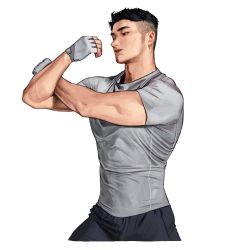 Rule 34 | 1boy, black pants, fingerless gloves, gloves, grey gloves, grey shirt, hands up, male focus, muscular, muscular male, original, pants, parted lips, rinotuna, shirt, short hair, short sleeves, simple background, solo, undercut, very short hair, white background