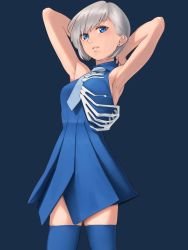 Rule 34 | 1girl, amino (tn7135), armpits, arms behind head, bare shoulders, blue background, blue dress, blue eyes, blue necktie, blue theme, blue thighhighs, blush, breasts, collared dress, cowboy shot, dress, earrings, jewelry, looking at viewer, necktie, original, parted lips, pleated dress, short hair, silver hair, simple background, sleeveless, sleeveless dress, solo, standing, stud earrings, teeth, thighhighs, wing collar, zettai ryouiki