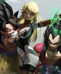 1boy 2boys abs android_18 belt bit biting bitting bitting_nipples black_hair blonde_hair blood blue_eyes blush bodysuit clone denim doppelganger dragon_ball dragon_ball_gt dragonball_z green_eyes head_grab jeans long_hair multiple_boys muscular muscular_male nails novasayajingoku pants red_fur son_goku spiked_hair super_saiyan super_saiyan_4 surprised sweatdrop tail teeth torn_clothes transformation vegeta yellow_eyes