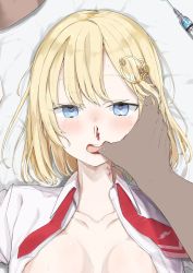 Rule 34 | 1girl, blonde hair, blood, blue eyes, blush, breasts, bruise, collarbone, collared shirt, commentary request, finger in another&#039;s mouth, gozen no ko hi, hair ornament, highres, hololive, hololive english, injury, looking at viewer, lying, mustache print, necktie, nosebleed, on back, open clothes, open shirt, pov, red neckwear, saliva, shirt, short hair, solo focus, syringe, tears, upper body, virtual youtuber, watson amelia, watson amelia (1st costume), white shirt, wing collar