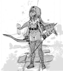 Rule 34 | 1girl, arrow (projectile), bad id, bad pixiv id, belt, boots, bottomless, bow, bow (weapon), braid, cleft of venus, cloak, dragon&#039;s crown, elf, elf (dragon&#039;s crown), gloves, greyscale, hood, monochrome, no panties, pointy ears, pussy, shiwasu no okina, sketch, solo, thigh boots, thighhighs, twin braids, uncensored, vanillaware, weapon