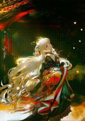 Rule 34 | 1girl, artist name, closed mouth, dress, feet out of frame, floating hair, from side, hair ornament, japanese clothes, kimono, layered clothes, layered kimono, long hair, long sleeves, looking at viewer, looking to the side, moon phases, original, print kimono, say hana, solo, standing, very long hair, white hair, wide sleeves