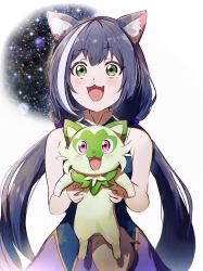 Rule 34 | 1girl, :3, absurdres, animal ear fluff, animal ears, black hair, cat ears, cat girl, creatures (company), crossover, dress, fangs, game freak, green eyes, hamachamu, highres, holding, holding pokemon, karyl (princess connect!), long hair, looking at viewer, low twintails, meme, multicolored hair, nintendo, open mouth, pink eyes, pokemon, pokemon (creature), princess connect!, sleeveless, sleeveless dress, smile, space cat (meme), sprigatito, streaked hair, twintails, two-tone hair, very long hair, white hair