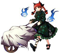Rule 34 | 1girl, absurdres, animal ears, baba (baba seimaijo), braid, cat ears, dress, extra ears, flaming skull, floating skull, full body, green dress, hair ribbon, highres, juliet sleeves, kaenbyou rin, long sleeves, looking at viewer, open mouth, puffy sleeves, red eyes, red hair, ribbon, skull, solo, tail, touhou, transparent background, twin braids, wheelbarrow