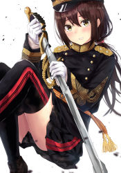Rule 34 | 1girl, aiguillette, black hat, black shirt, black skirt, black thighhighs, blush, feet out of frame, gloves, hair tie, hat, highres, holding, holding sword, holding weapon, invisible chair, karo-chan, long hair, long sleeves, looking at viewer, low ponytail, military, military uniform, miniskirt, original, parted lips, peaked cap, seiza, sheath, shirt, sitting, skirt, smile, solo, sword, tareme, tassel, thighhighs, uniform, unsheathing, weapon, white gloves, zettai ryouiki