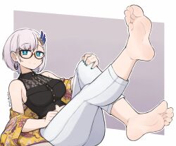 Rule 34 | 1girl, artist name, barefoot, black shirt, blue eyes, blue nails, breasts, bright pupils, earrings, feet, foot focus, highres, hololive, hololive indonesia, jewelry, large breasts, legs, off shoulder, pavolia reine, pavolia reine (street), shawl, shirt, short hair, simple background, softhanten, soles, solo, toes, virtual youtuber, white hair, white pupils