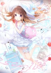 Rule 34 | 1girl, air bubble, apple, bird, birdcage, blue ribbon, bridal garter, brown hair, bubble, cage, dress, floating hair, food, frilled dress, frills, fruit, hand up, hat, hat ribbon, high heels, holding, holding food, holding fruit, long hair, looking at viewer, luggage, no socks, open mouth, original, purple eyes, ribbon, rolling suitcase, shoes, smile, solo, suitcase, summer, sun hat, suzumori uina, tareme, underwater, white dress, white footwear