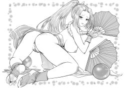 Rule 34 | 1girl, absurdres, ass, blush, breasts, fatal fury, female pubic hair, greyscale, hand fan, highres, japanese clothes, long hair, looking at viewer, monochrome, niltonne, nipples, nude, ponytail, pubic hair, pussy, shiranui mai, snk, solo, uncensored