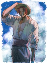 Rule 34 | 1boy, ^ ^, ^o^, aktrks01, blue sky, closed eyes, facial hair, hand on headwear, hand up, hat, highres, male focus, one piece, open clothes, open shirt, outdoors, parted bangs, red hair, sash, scar, scar across eye, scar on face, shanks (one piece), shirt, short hair, sky, sleeves rolled up, smile, solo, straw hat, white shirt