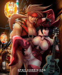 Rule 34 | 1boy, 2girls, artist name, breasts, breasts out, chinese lantern, clitoris, clothed sex, crisisbeat, cum, cum in pussy, erect clitoris, guilty gear, guilty gear xrd, guitar, happy sex, hat, hetero, highres, i-no, instrument, kuradoberi jam, large breasts, mole, multiple girls, outdoors, penis, public indecency, pussy, sex, smile, sol badguy, standing, standing sex, text focus, uncensored, vaginal, witch hat
