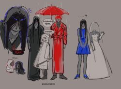 95_5hz black_hair black_kimono blue_dress bridal_veil coat crowbar dress full_body grey_background heroine_(homicipher) highres holding holding_crowbar holding_umbrella homicipher japanese_clothes kimono korean_text long_hair looking_at_viewer mr._crawling mr._scarletella ms._blue-clad raincoat red_coat red_eyes red_hair red_umbrella short_hair simple_background the_bride_(homicipher) translation_request umbrella veil very_long_hair white_hair