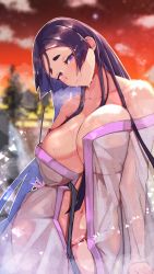 Rule 34 | 1girl, bare shoulders, breasts, cleavage, collarbone, fate/grand order, fate (series), gradient sky, heart, heart-shaped pupils, highres, japanese clothes, kimono, large breasts, long hair, long sleeves, looking at viewer, minamoto no raikou (fate), off shoulder, orange sky, parted bangs, purple eyes, purple hair, sky, smile, solo, symbol-shaped pupils, twilight, very long hair, wet, white kimono, zumizu