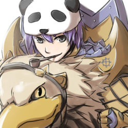 Rule 34 | 1boy, armor, breastplate, commentary request, gauntlets, grey eyes, griffin, gryphon (ragnarok online), hair between eyes, looking at viewer, natsuya (kuttuki), open mouth, panda hat, pauldrons, pipe in mouth, purple eyes, ragnarok online, royal guard (ragnarok online), shield, short hair, shoulder armor, simple background, smile, smoking pipe, upper body, white background