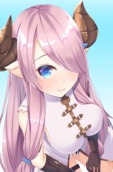 Rule 34 | 10s, 1girl, black gloves, blue eyes, blush, breasts, draph, female focus, gloves, granblue fantasy, hair over one eye, horns, large breasts, light purple hair, long hair, looking at viewer, narmaya (granblue fantasy), pointy ears, smile, solo, takumi1006