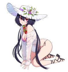 Rule 34 | 1girl, :o, all fours, bare shoulders, bebetang, bikini, bikini under clothes, black footwear, black hair, breasts, cleavage, copyright request, flower, flower necklace, full body, hat, highres, jewelry, long hair, long sleeves, looking at viewer, medium breasts, necklace, off shoulder, open clothes, open mouth, open shirt, purple bikini, sandals, shirt, side-tie bikini bottom, simple background, solo, striped bikini, striped clothes, sun hat, swimsuit, very long hair, white background, white hat, white shirt