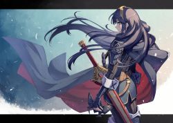 Rule 34 | 1girl, armor, blue background, blue cape, blue eyes, blue footwear, blue gloves, blue hair, cape, cowboy shot, expressionless, falchion (fire emblem), feathers, fingerless gloves, fire emblem, fire emblem awakening, gloves, highres, holding, holding mask, kuroi susumu, leggings, letterboxed, long hair, long sleeves, looking away, lucina (fire emblem), mask, nintendo, sheath, sheathed, solo, sword, tiara, weapon, white feathers