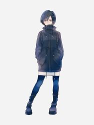 Rule 34 | 1girl, alternate costume, artist request, black coat, black hair, blue eyes, boots, coat, full body, hands in pockets, highres, kingdom hearts, long coat, long sleeves, looking at viewer, organization xiii, pants, short hair, xion (kingdom hearts)