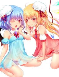 Rule 34 | 2girls, ;o, alternate costume, ascot, bare legs, bare shoulders, barefoot, blonde hair, breasts, brooch, chemise, crystal, detached collar, detached sleeves, finger to mouth, flandre scarlet, hat, hat ribbon, jewelry, lingerie, long hair, looking at another, looking at viewer, mini hat, mob cap, multiple girls, navel, necktie, one eye closed, panties, puffy short sleeves, puffy sleeves, purple hair, purple panties, red eyes, red necktie, red ribbon, remilia scarlet, ribbon, rimu (kingyo origin), see-through, short sleeves, siblings, side ponytail, sisters, small breasts, tongue, tongue out, touhou, underwear, white panties, wings, yawning