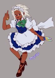 Rule 34 | 1girl, absurdres, alternate skin color, apron, artist name, between fingers, black footwear, blue eyes, bow, braid, closed mouth, commentary, curly hair, dark-skinned female, dark skin, dress, english commentary, frilled dress, frills, full body, green bow, grey background, hand up, highres, holding, holding knife, holding stopwatch, izayoi sakuya, knife, knives between fingers, looking at viewer, maid, maid apron, maid headdress, mercuriika, pocket watch, puffy short sleeves, puffy sleeves, ribbon, short hair, short sleeves, simple background, smile, solo, standing, stopwatch, touhou, twin braids, waist apron, watch, white apron