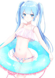 Rule 34 | 1girl, beamed eighth notes, bikini, blue eyes, blue hair, blush, collarbone, cowboy shot, eighth note, groin, halterneck, hatsune miku, holding, innertube, long hair, looking at viewer, multicolored bikini, multicolored clothes, musical note, musical note print, navel, side-tie bikini bottom, simple background, solo, standing, swim ring, swimsuit, treble clef, twintails, very long hair, vocaloid, white background, yuzuaji